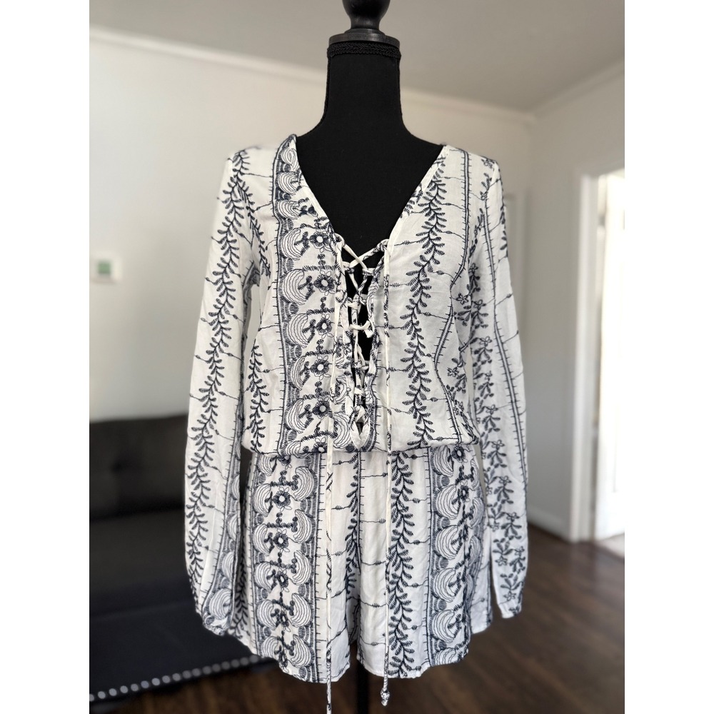 NEW Vintage Havana Embroidered Romper Lace Up jumpsuit Boho Chic Size‎ S